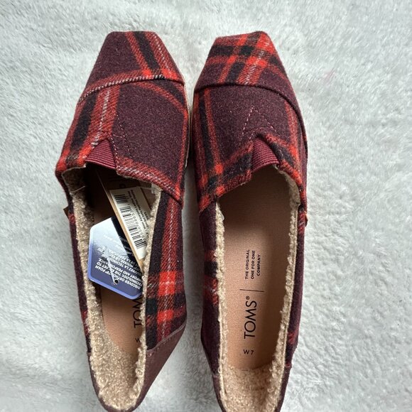 Toms Alpargata Leather Wrap Red Plaid Slip-On Shoes Faux Shearling Lined Flats 7 - Picture 1 of 2